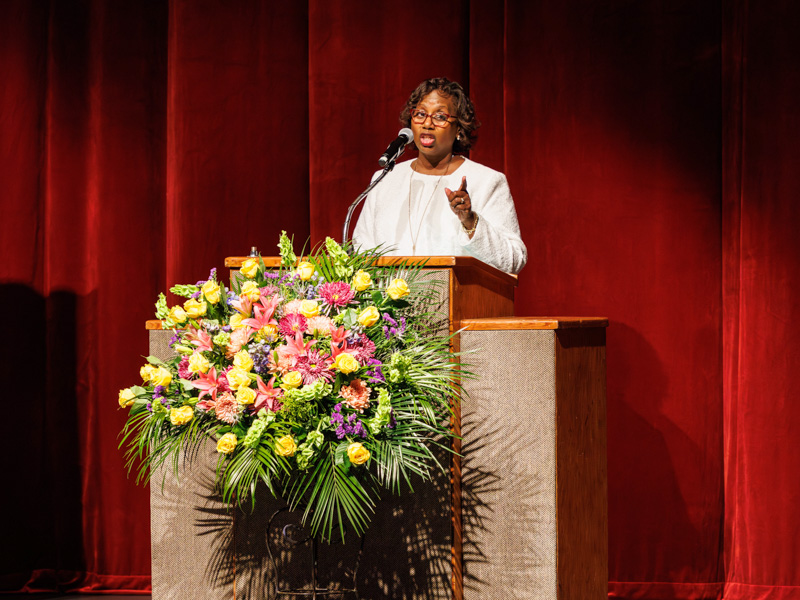 Dr. Loretta Jackson-Williams, vice dean for medical education, gives some particulars of the Class of 2026: The graduates represent 53 specialties and subspecialties, with 51% of the class choosing primary care.