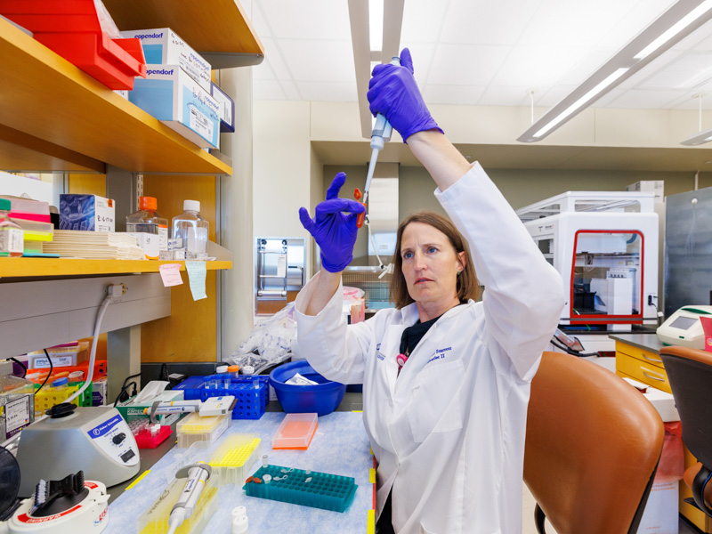 Jackie Starrett, a research scientist in cell and molecular biology, prepares DNA samples for optical genome mapping to help identify genetic changes in newborns. Jay Ferchaud/ UMMC Communications