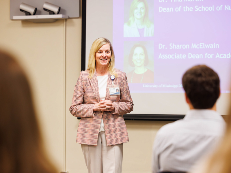 Dr. Tina Martin, dean of the School of Nursing, speaks with the first cohort of CRNA students during orientation.