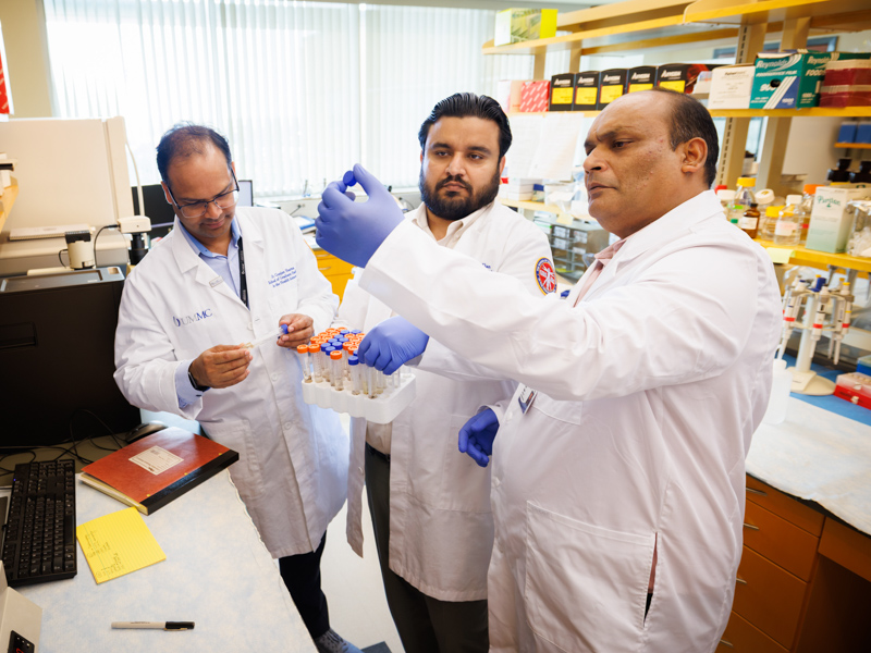 From left, Dr. Gunjan Sharma, Dr. Mohammad Abdullah Khan and Dr. Jawed Siddiqui examine cells as part of their research into prostate cancer bone metastasis.