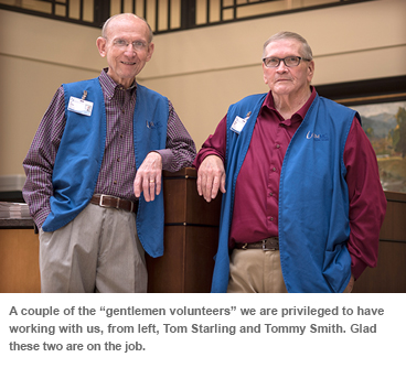 A couple of the "gentlemen volunteers" we are privileged to have working with us, from left, Tom Starling and Tommy Smith. Glad these two are on the job.