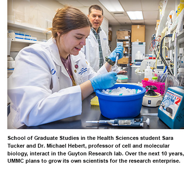School of Graduate Studies in the Health Sciences student Sara Tucker and Dr. Michael Hebert, professor of cell and molecular biology, interact in the Guyton Research lab.