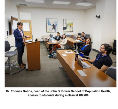 Dr. Thomas Dobbs, dean of the John D. Bower School of Population Health, speaks to students during a class at UMMC.