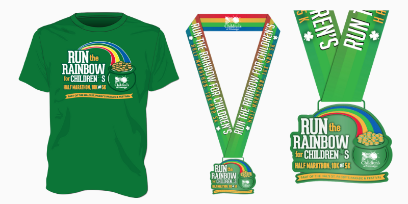 Graphic of the t-shirt and medal for Run the Rainbow. 