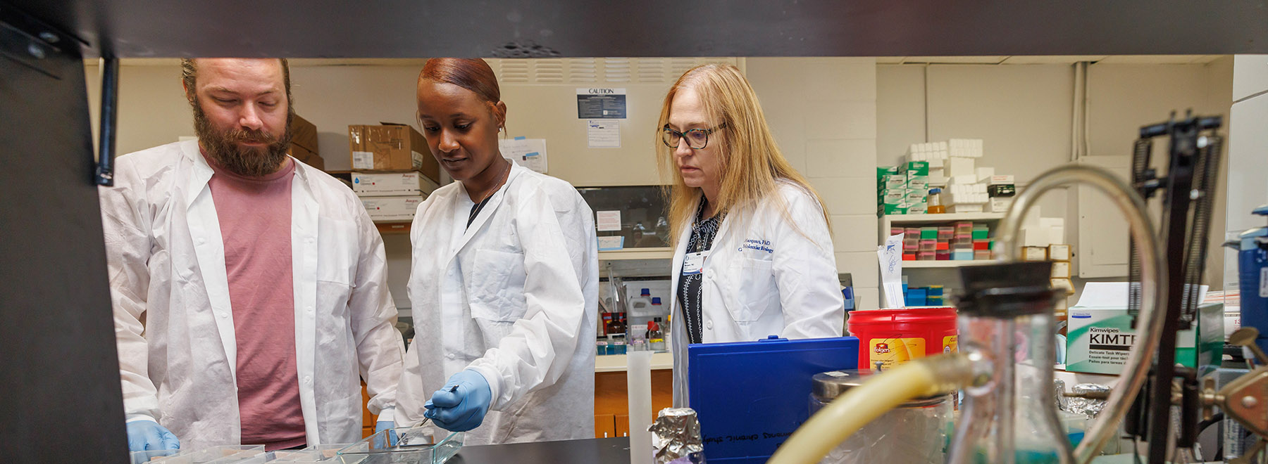 Three researchers reviewing samples in a laboratory.