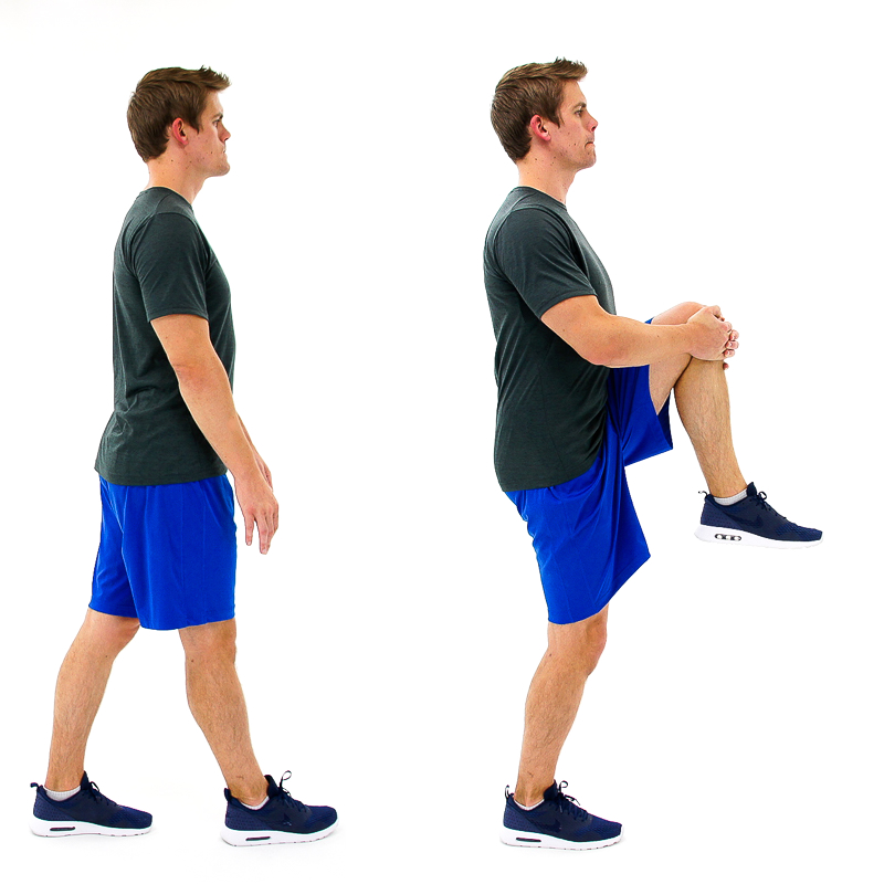 Man doing knee hug exercise.