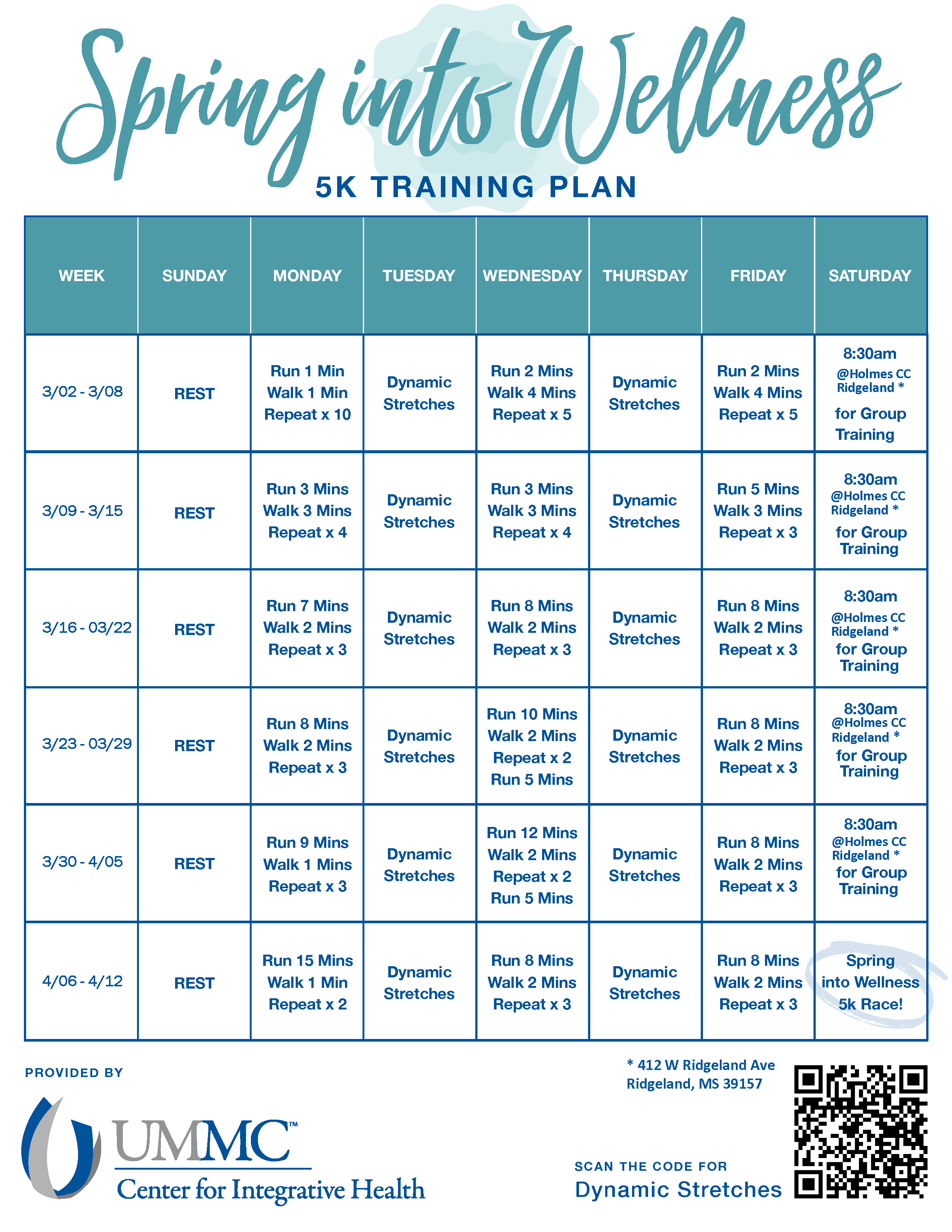 Calendar for the Spring into Wellness 5K Training Guide. Go to the image long description for specifics.
