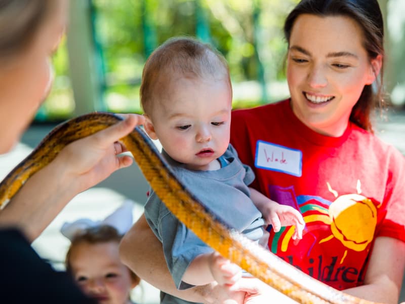 A mom holds her toddler who is looking at a snake during Family Fun Day