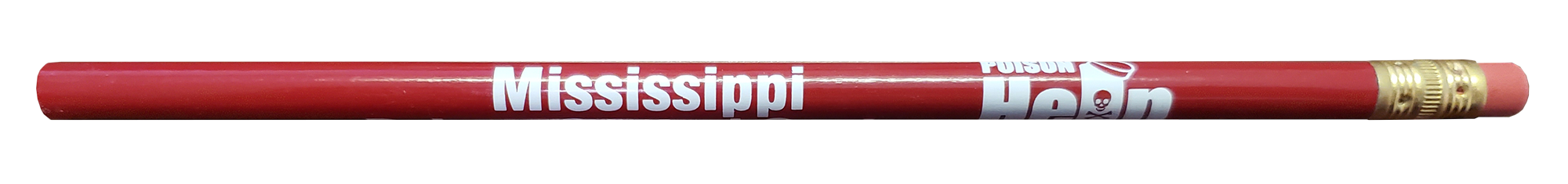 Pencil with the words Mississippi Poison Control Center and the word Help partially obscured. The L in Help is a partially opened prescription bottle with a skull and crossbones on the front.