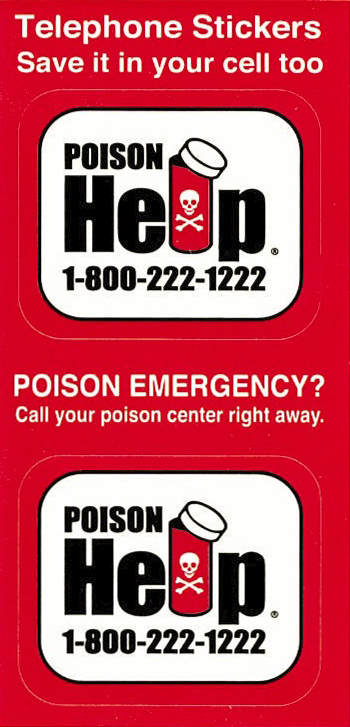 Sheet of two square stickers with rounded corners with the words Poison Help: 1-800-222-1222. The L in Help is a partially opened prescription bottle with a skull and crossbones on the front.
