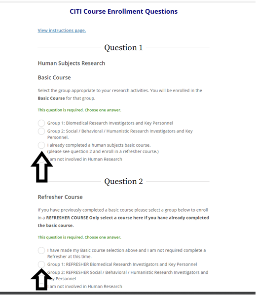 Screenshot of enrollment questions page with arrows pointing to radio buttons for question choices.