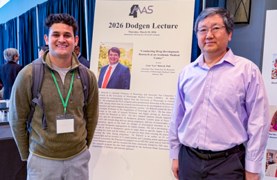 Biostatistics and Data Science PhD student Sachin Karki with Dr. Yufeng Zheng at MAS 2026