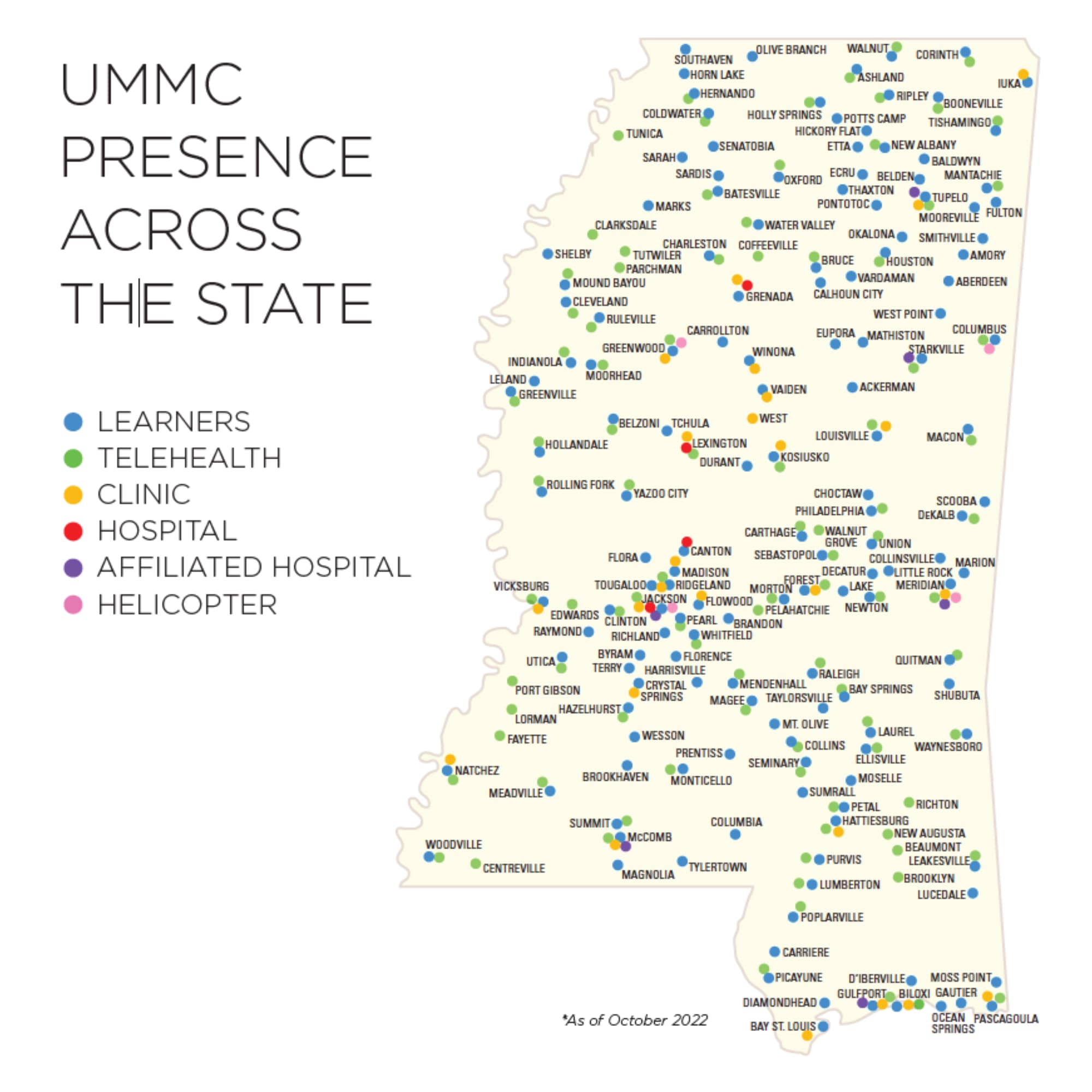 UMMC Presence across the state noted with city names and colored circles for learners, telehealth, clinic, hospital, affiliated hospital, and helicopter.