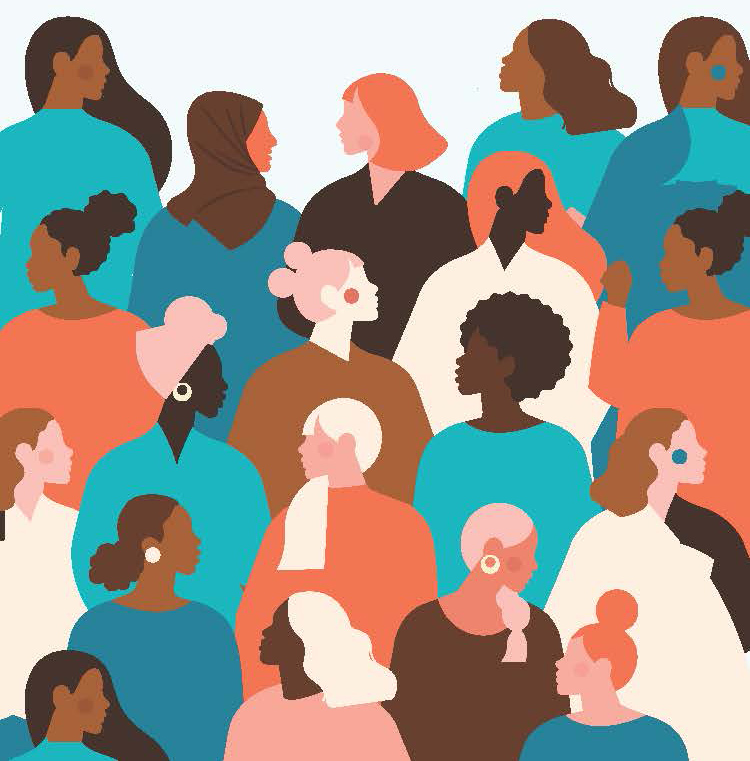 Silhouette illustration of a group of multicultural women looking in different directions.