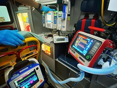 Closeup of PICU monitoring equipment.