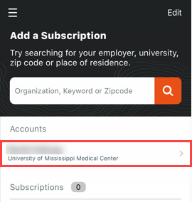 Add a Subscription search bar with “UMMC Everbridge Account” option highlighted.