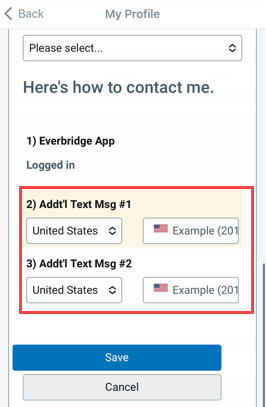 My Profile. Here’s how to contact me. Everbridge app. Logged in. “Addt'l Text Msg fields #1 and #2” highlighted. “Save” button underneath.