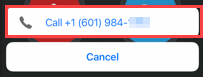 Emergency call number pop-up. 1-601-984-xxxx. Cancel button.