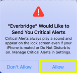 "Everbridge" Would like to send you Critical Alerts. Critical Alerts always play a sound and appear on the lock screen even if your iPhone is muted or Do Not Disturb is on. Manage Critical Alerts in Settings. Allow button is highlighted.