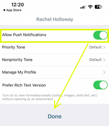 "Allow Push Notifications" toggled on and highlighted. An arrow points to the "Done" button at the bottom of the page.