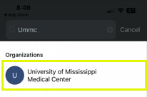 Everbridge Organizations list "University of Mississippi Medical Center" option highlighted in yellow.