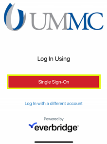 Everbridge log in page with UMMC logo at the top and Everbridge logo at the bottom. "Single Sign-On" button highlighted.