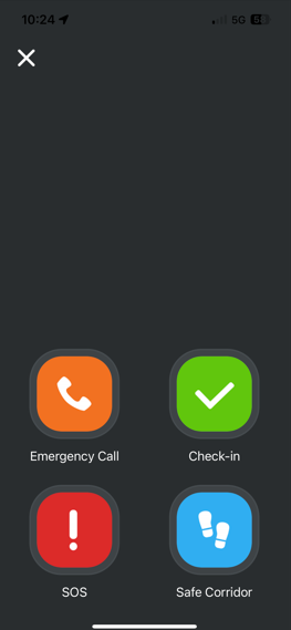 Everbridge icons: An orange icon with phone (Emergency Call), a green icon with check mark (Check-in), a red icon with exclamation point (SOS), and a blue icon with a pair of footprints (Safe Corridor).