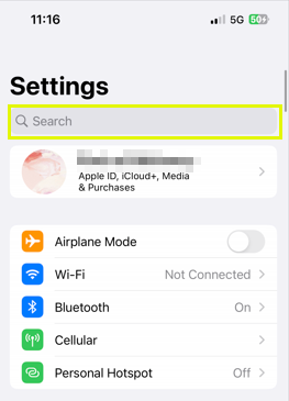 Settings app page with search bar at the top of page highlighted.