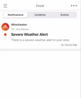 Feed page. Notifications. “Severe Weather Alert: There is a severe weather alert in your area.”