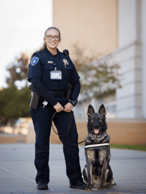 UMMC PD officer Christie Shoemaker, with Law, a 1-year-old Poland-bred police dog