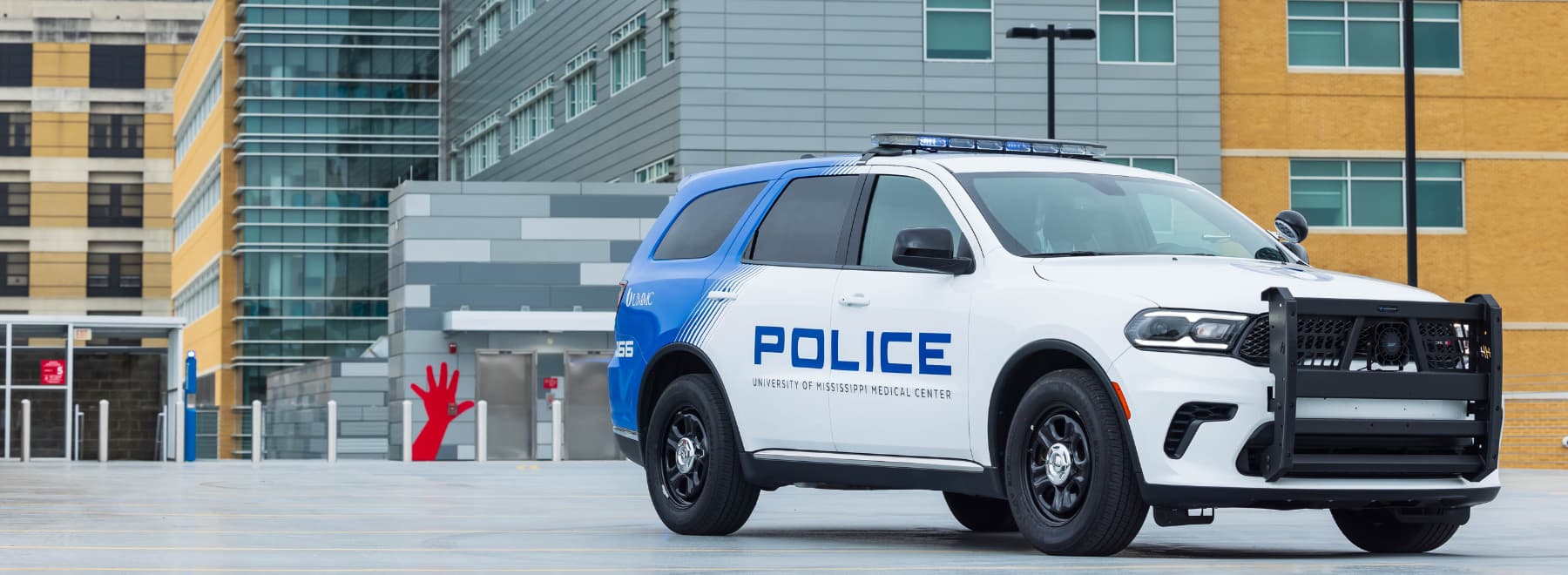 UMMC Police squad car in front of Children's of Mississippi