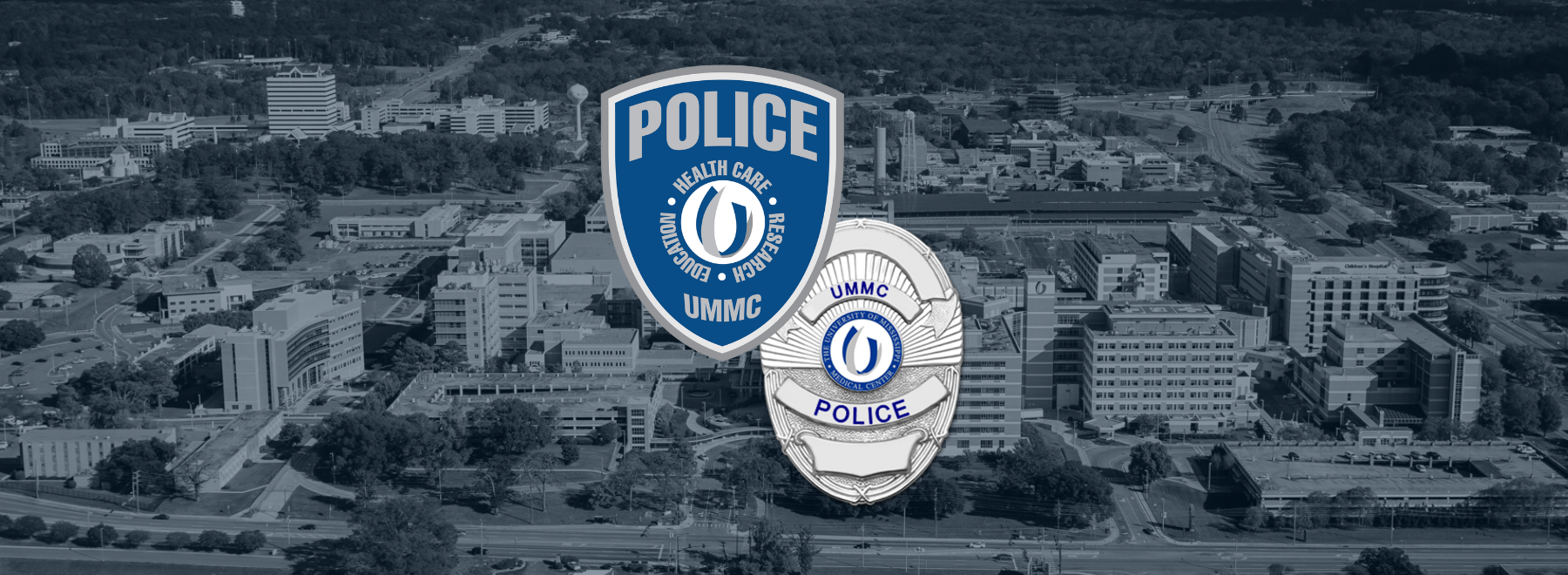 UMMC Police logo and badges over image of campus