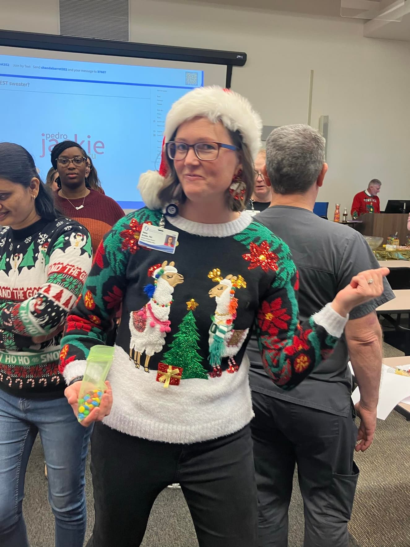 Dr. Hanna Broome shows her holiday sweater.