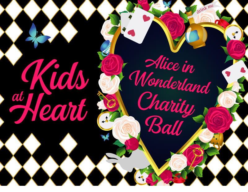 graphic with the words Kids at Heart Alice in Wonderland Charity Ball