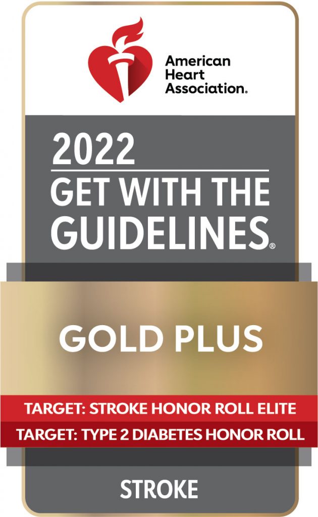 American Heart Association: 2022 Get with the Guidelines. Gold Plus. Target: Stroke Honor Roll Elite. Stroke Award.