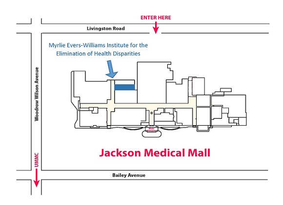 Map shows entrance to the Myrlie Ever-Williams Institute on Livingston Road side, in the back of the Jackson Medical Mall. For directions to the Medical Mall, visit: https://umc.edu/location/medical-mall 