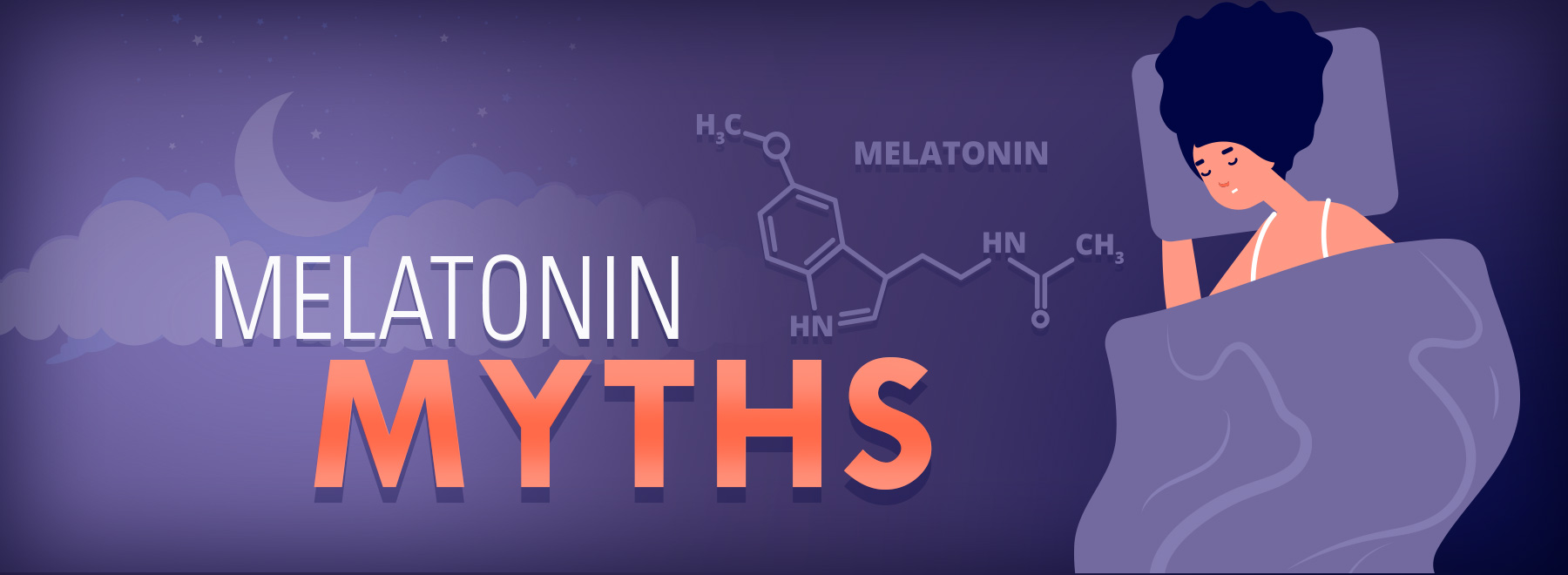 Illustration of a female sleeping with a faint image of the chemical formula for melatonin