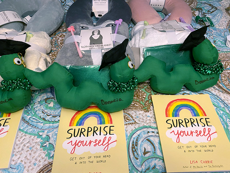 Items for encouragement and comfort are part of the scoliosis care packages Donacia Nathaniel made for fellow patients.