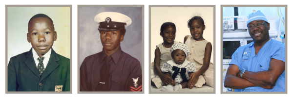 (Above left to right): Brunson, pictured here as a young boy, was the third of four children, with two older brother – Bobby and Delbrow – and a sister, Patsy. After enrolling at Auburn University for the summer immediately after high school, Brunson enlisted in the U.S. Navy at the urging of a recruiter visiting the campus. Brunson is proud his three daughters, shown here in a portrait taken around 1996; in matching dresses are Chelsea, left, and Claudia, holding onto to their little sister Christin. In this undated photo, Brunson, a trained anesthesiologist, takes a breather in the OR.