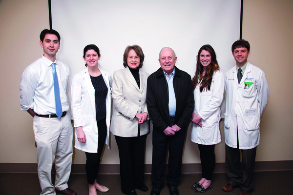 Dr. Boni Elewski, third from left, professor of dermatology at the University of Alabama at Birmingham, presented the first Louis J. “Skip” Wise, M.D. Education Fund Lectureship Feb. 23.  The lectureship is named for Wise, third from right, a longtime Jackson dermatologist who graduated from the Ole Miss Medical School, did residency training at UMMC and taught here for several years. Also attending the event are dermatology house officers, from left, Dr. Michael Cosulich, Dr. Lauren Craig, Dr. Lauren Casamiquela and, far right, Dr. Kenneth Saul. The fund was established to honor Wise’s career, commitment and dedication to dermatology in Mississippi. To give to the “Skip” Wise Fund, visit https://www.umc.edu/givenow/Default.aspx.