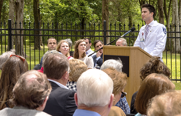 John Bobo, a first-year medical student, speaks during the ceremony.