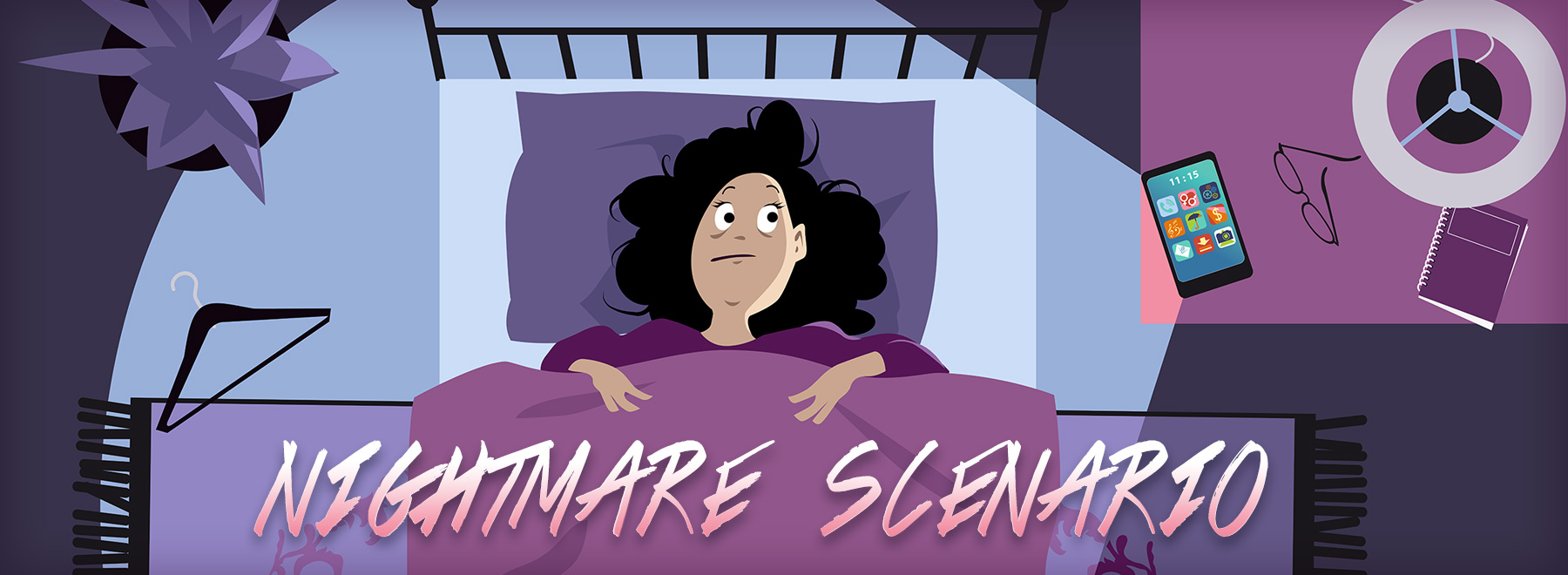 Illustration of female in bed having trouble sleeping because of a bad dream.