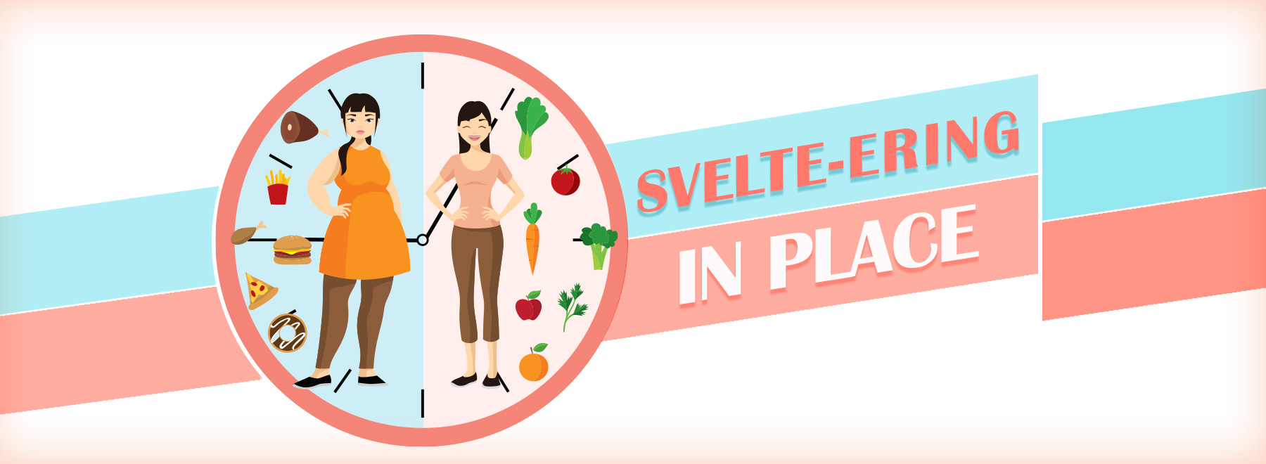 Illustration of a woman dieting and showing heavier side with junk food and more svelte look with healthy foods.