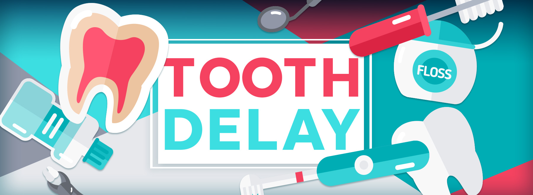 Illustration of various dental tools, teeth and cleaning products