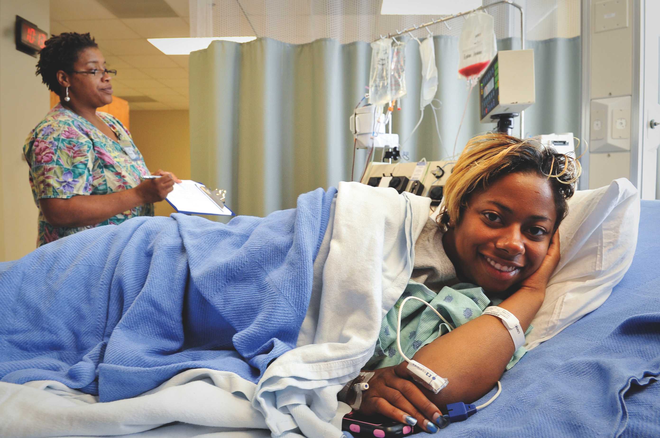 Connie Nichols, left, UMMC apheresis nurse, and Jessica Howard, bone marrow donor