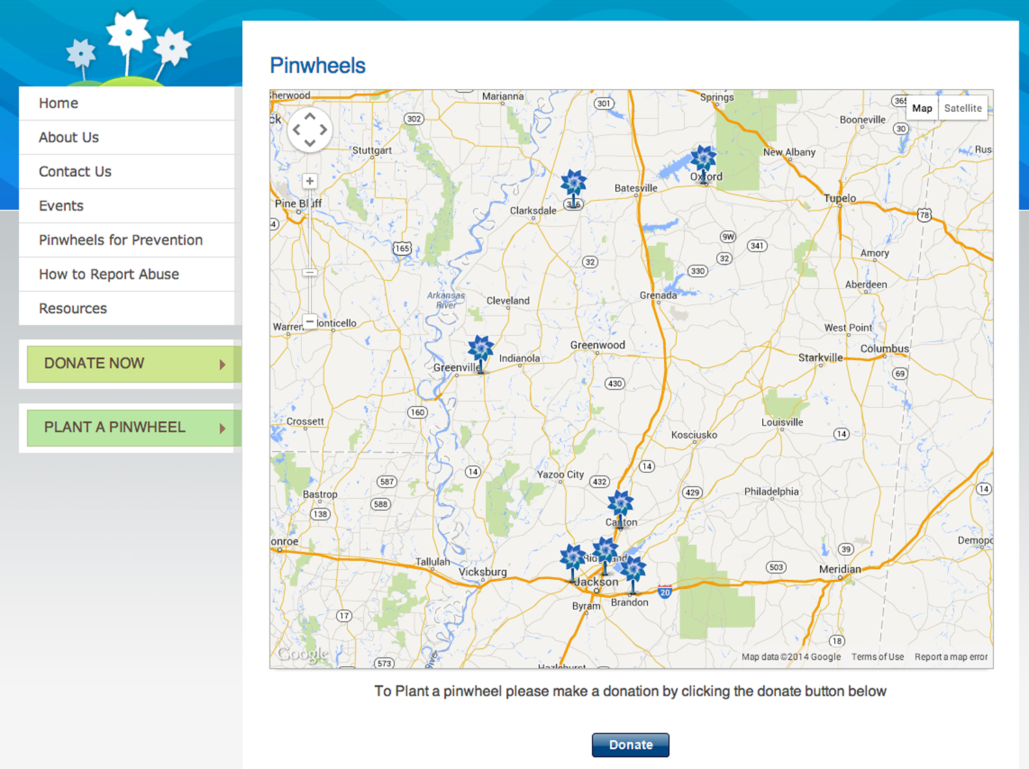 Screenshot of the virtual pinwheel map at www.preventchildabusems.org