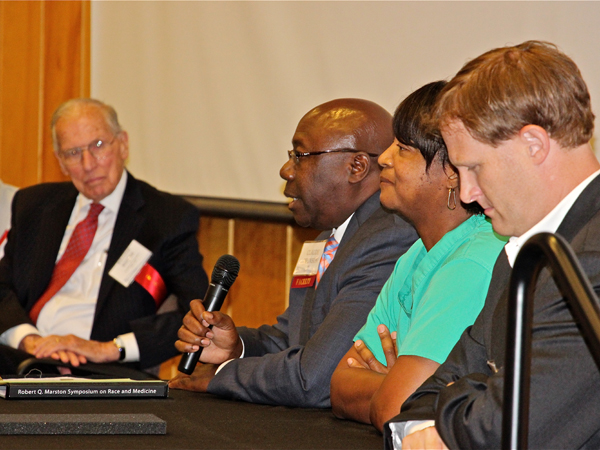 Engaged in a panel discussion during the 2014 Marston Symposium are (from left) former Governor William Winter, Dr. Claude Brunson, UMMC, Dr. Shirley Donelson, Baptist Medical Center, and Dr. Cameron Guild, UMMC.