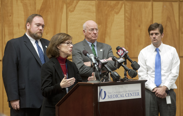 (From left) Jonathan Wilson, UMMC's chief administrative officer; State Health Officer Dr. Mary Currier; UMMC vice chancellor for health affairs and School of Medicine Dean Dr. James Keeton; and Thomas Dobbs, state epidemiologist with the Mississippi Department of Health