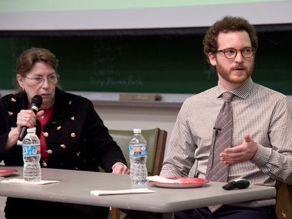 Sue Ann Meng, left, geriatrics social worker, and Dr. Scott Gibson, assistant professor of medicine (geriatrics), serve as panelists for the Dec. 17 Schwartz Center Rounds session, "Holidays and the Elderly."