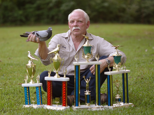 Bunn with one of his winning pigeons and some of the trophies he's earned.